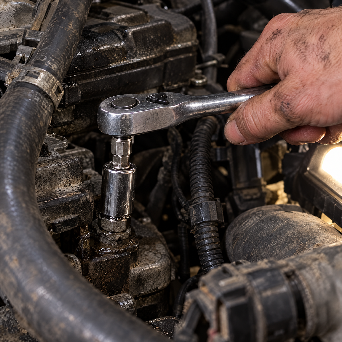 Universal socket on a ratchet in a tight engine bay