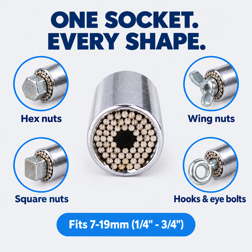 One socket fits hex nuts, wing nuts, square nuts and hooks