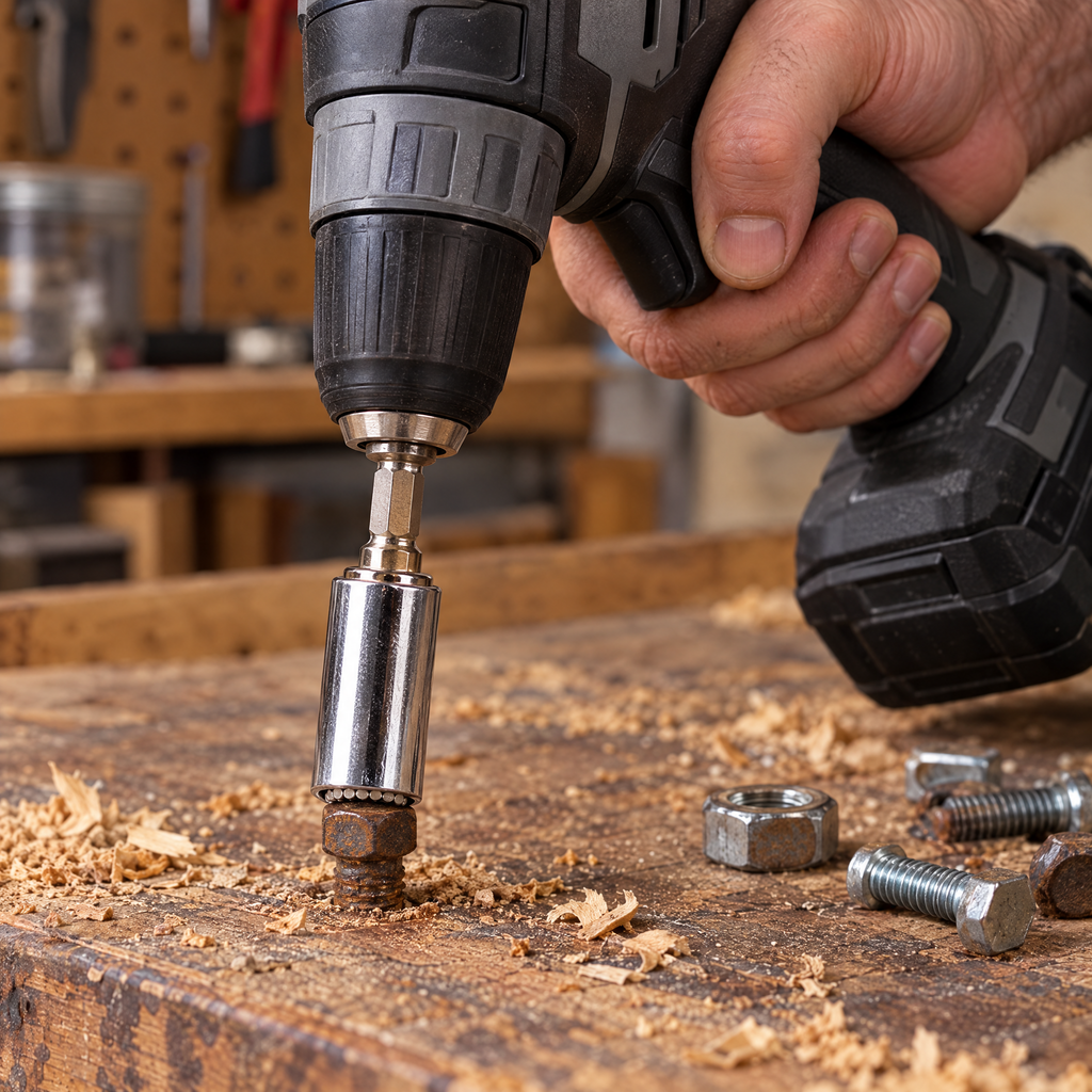 Universal socket on a cordless drill removing a rusty bolt