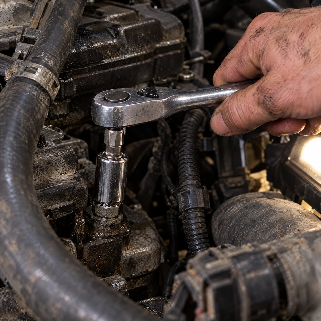 Universal socket on a ratchet in a tight engine bay